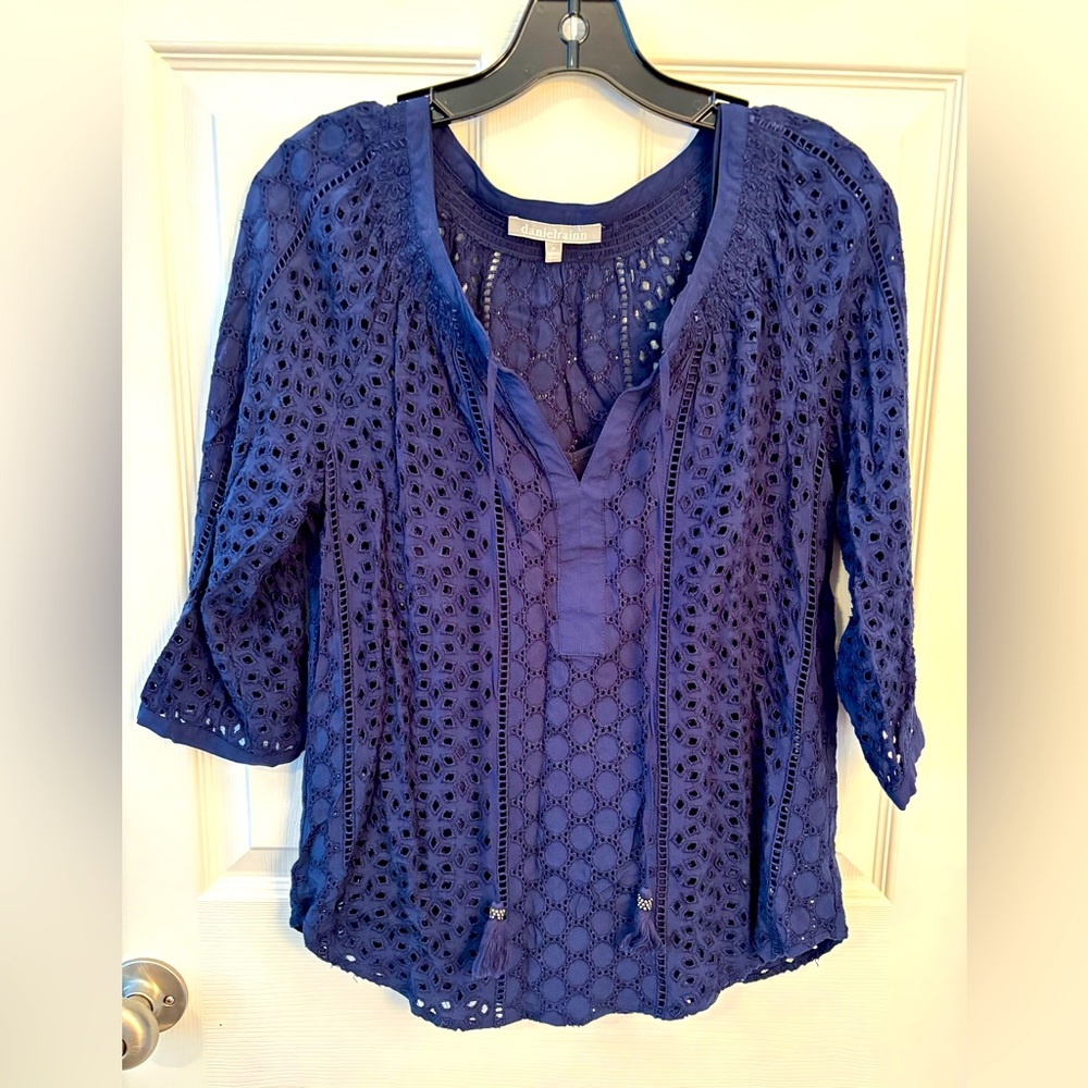 Boho Navy Blue Eyelet Women's Top Size Medium